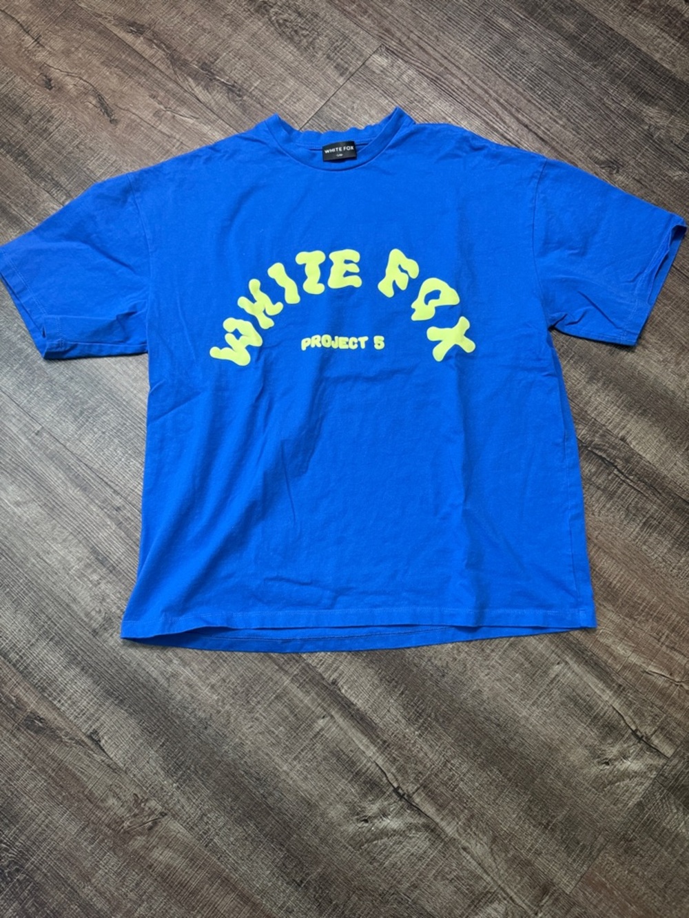 White Fox Boutique Blue Tee with Neon Yellow Logo